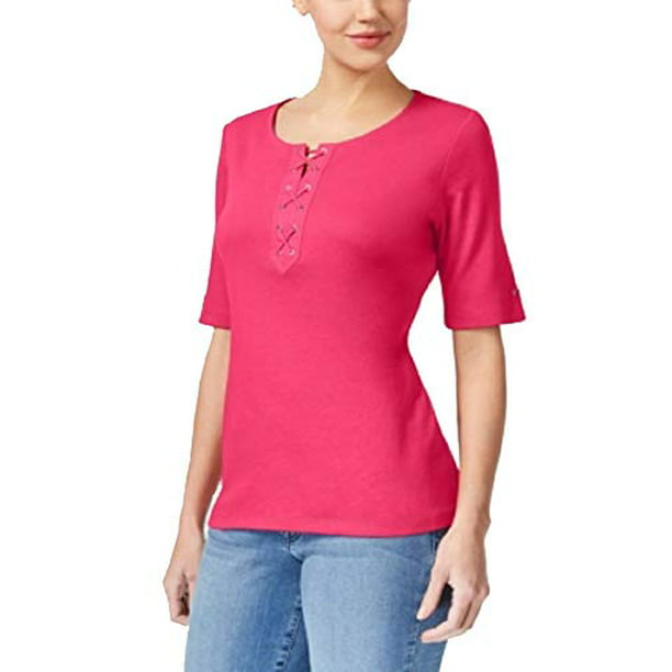 Karen Scott - Karen Scott Cotton Lace-Up T-Shirt Womens XXL Pink shirt ...