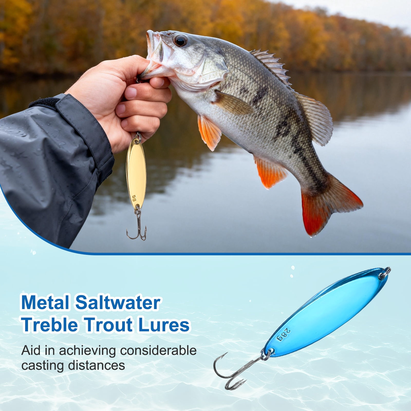 Uxcell Fishing Spoons Lures, Metal Saltwater Treble Trout Lures Jigging Spoon with Treble Hooks Casting Spinner Baits 10 Pcs & 1 oz & Blue - Fitting for (Freshwater/Salmon/Bass/Trout)