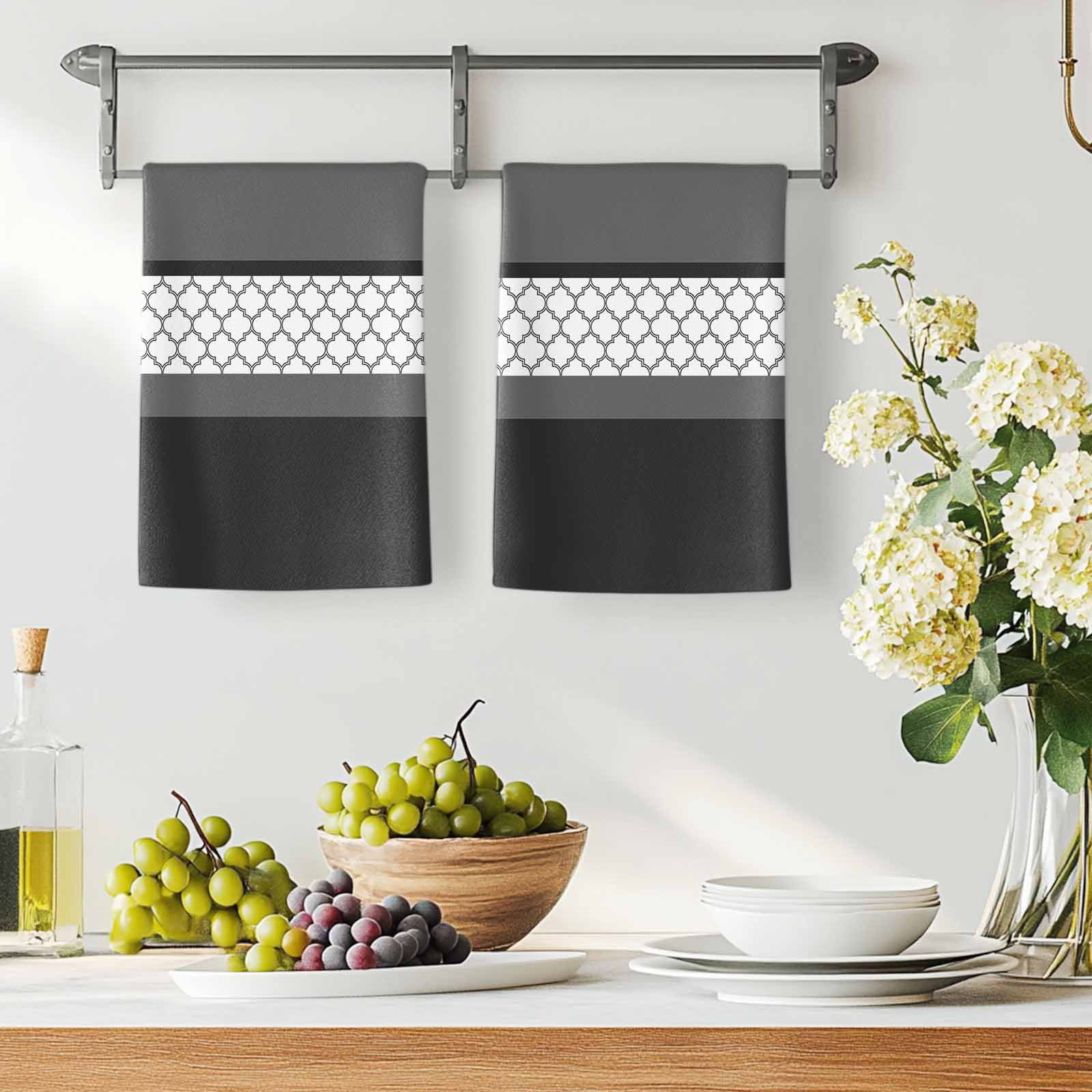 Dish Towels, Black Gray Geometric Absorbent Kitchen Towels 2 PCS, Stitching Morocco Pattern Microfiber Hand Towels Dish Cloths Tea Towels for Home&nbsp;Bathroom Cleaning Drying,18X28-Inch,