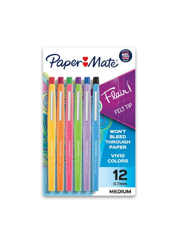 Paper Mate Flair Felt Tip Pens, Medium Point (0.7mm), Assorted Colors, 12 Count
