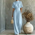 thumbnail image 2 of AJGRHE Women's Wide Leg Jumpsuits Summer Half Turtleneck Short Sleeve Wide Leg Jumpsuit Casual Solid Loose Long Pants Fashionable Piece Blue XXL, 2 of 5
