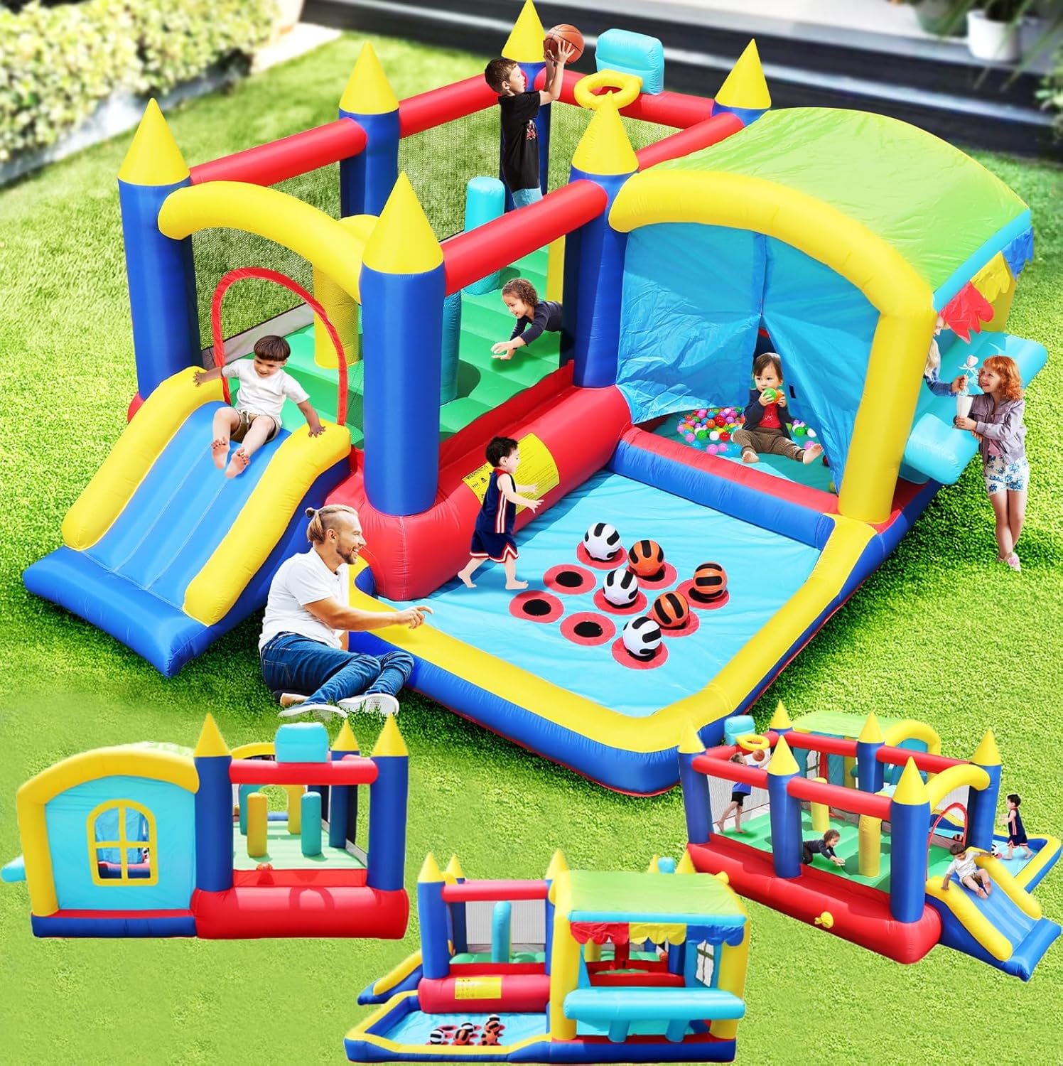 HNH Inflatable Bounce House with Blower for Kids, Child Jumping Castle with Ball, 161"x126"x73"