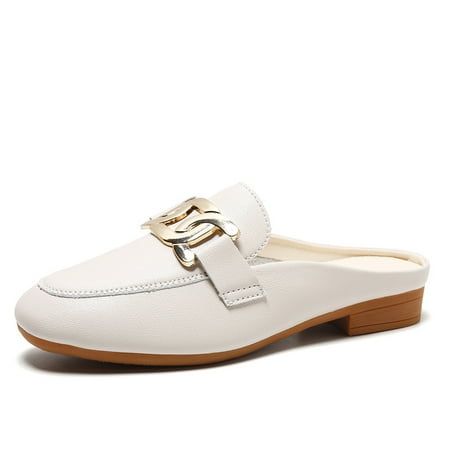 

Women‘s Metal Buckle Decor Flat Mules Solid Color Square Closed Toe Non-slip Slippers Casual Outdoor Slides Shoes