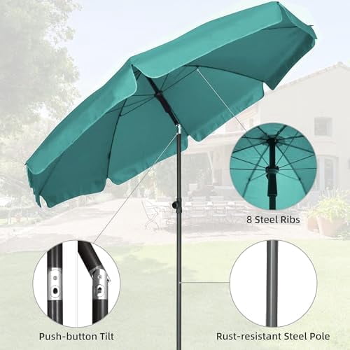 RibRave Patio Umbrella, 6.5 ft Outdoor Table Umbrella with Tilt Steel Pole, UPF50+ Protection, Great for Outdoor Garden Backyard, Turquoise Green