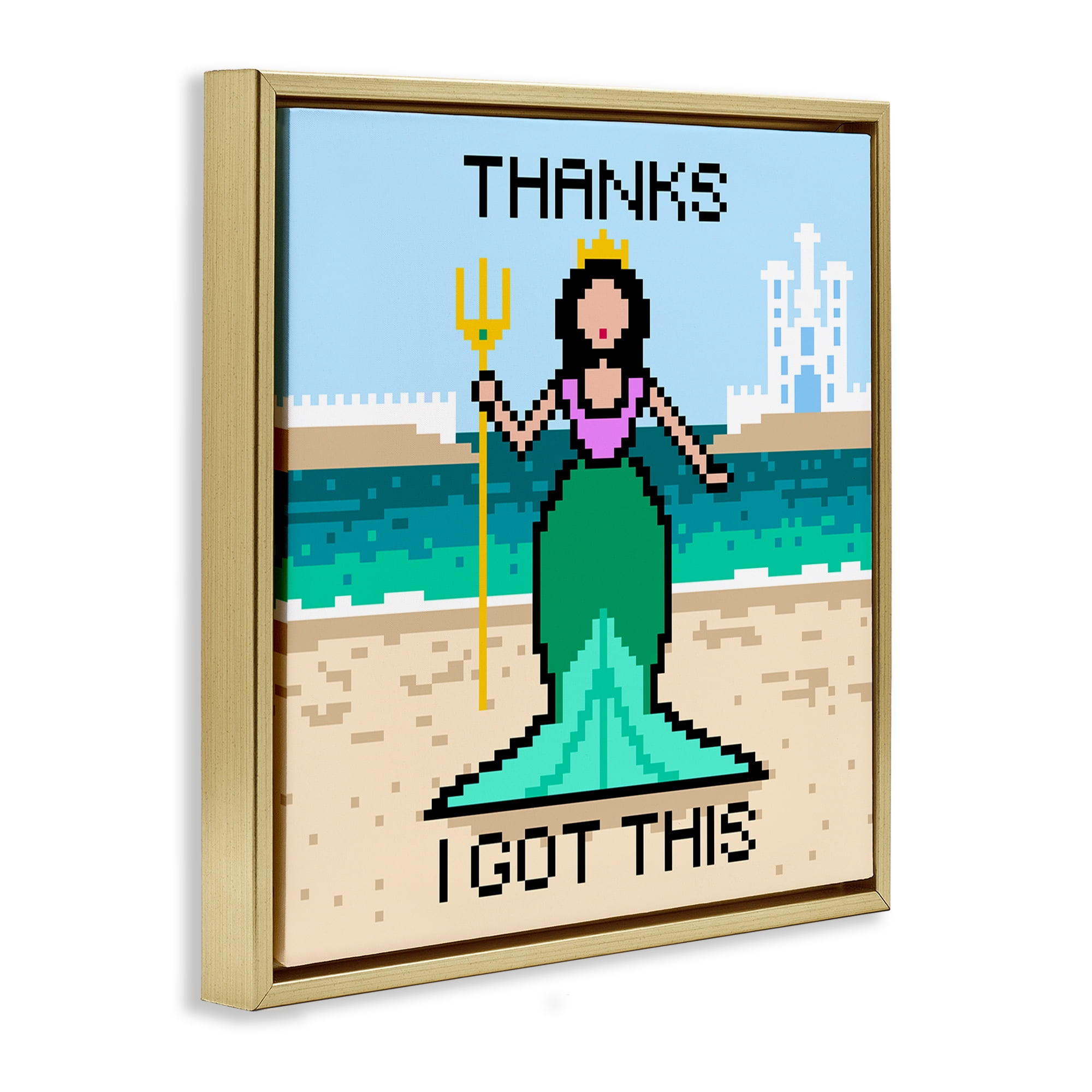 Stupell Industries I Got This Pixel Mermaid People Painting Gold Floater Framed Canvas Art Print Wall Art, 18 x 18