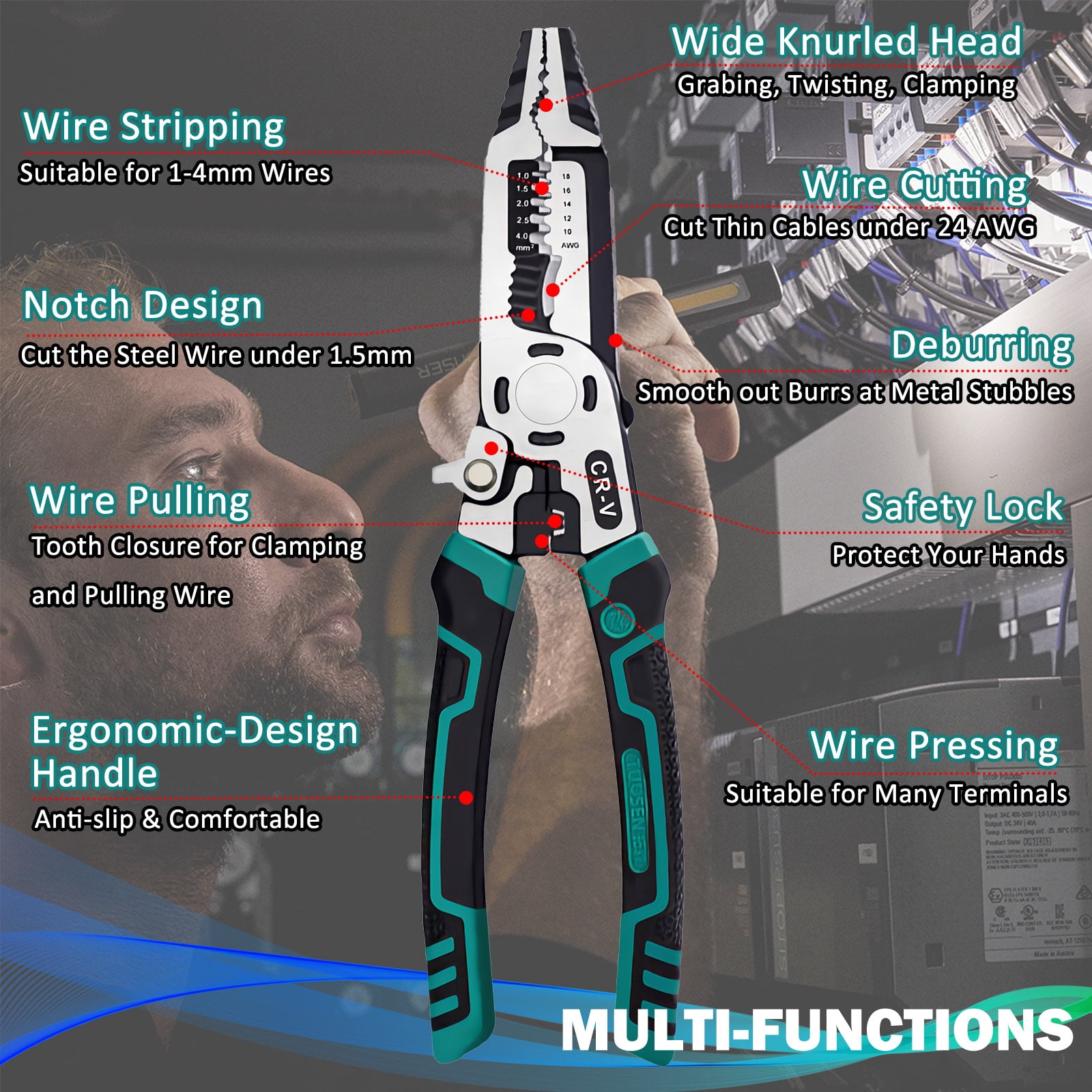 Cteifuer 9 in 1 Multipurpose Wire Stripper, 9 Heavy Duty Super Tough Electrical Wire Pliers Crimper, Electrical Lineman Wire Stripper Tool with Wire Cutter, Wiring Tools
