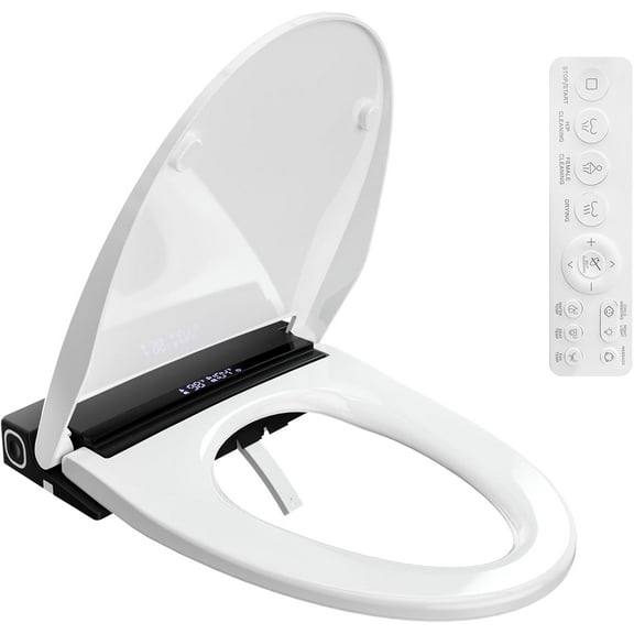 Electric Toilet Seat, Elongated Smart Heated Toilet Seat with Warm Water & Dryer, Feminine & Child Hip Wash, Wireless Remote, Self-Clean, Stainless Steel Nozzle, Adjustable Water Pressure
