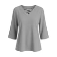 thumbnail image 3 of Tusihei Women V Neck 3/4 Sleeve Casual Tops Loose Fit Boho Pullover Tee Solid Basic Comfy Summer Fall Outfits Beach Blouse, Gray XL, 3 of 8