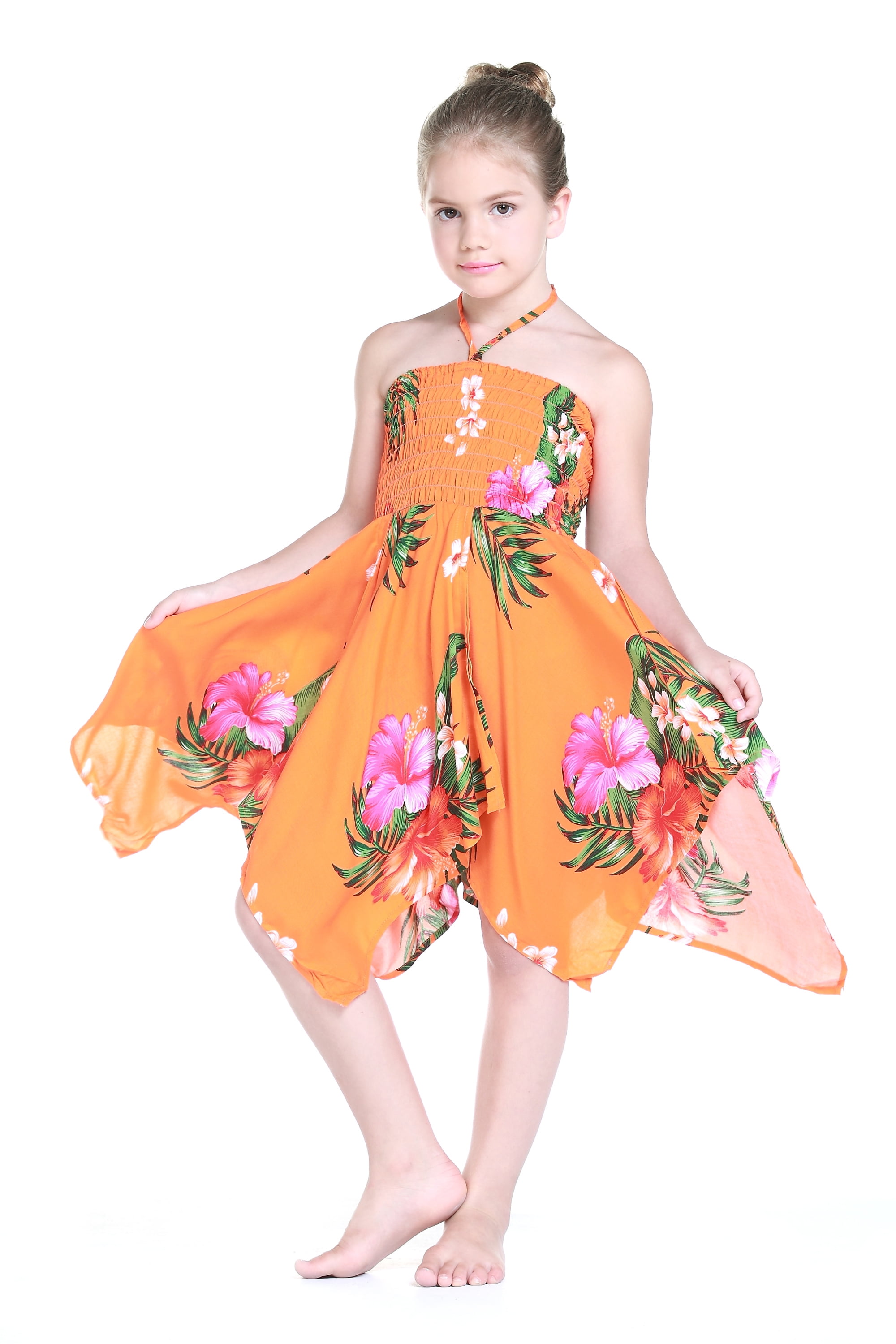 Girl Gypsy Uneven Button Hawaiian Luau Dress in Orange 4 - Walmart.com