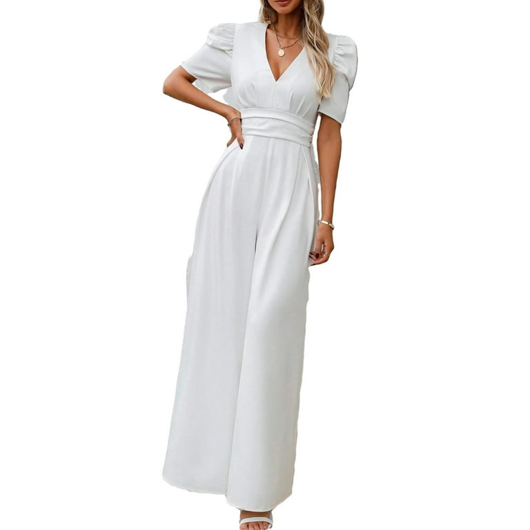 Elegant Plain Shirt Jumpsuit V neck White Women Jumpsuits