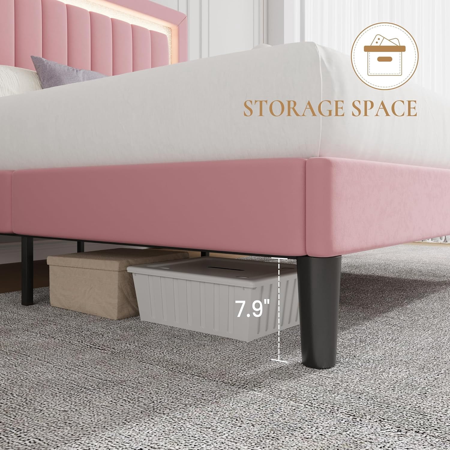 SHA CERLIN Queen Size Velvet Bed Frame with LED Light, Adjustable Vertical Channel Tufted Headboard, Strong Wooden Slats Support, Noise-Free, No Box Spring Needed, Pink