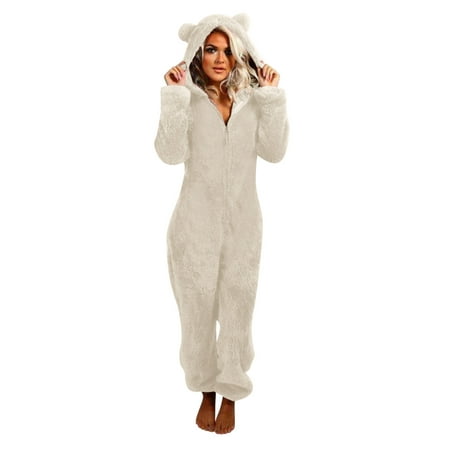 

Womens Long Sleeve Hooded Jumpsuit Pajamas Casual Winter Warm Rompe Sleepwear