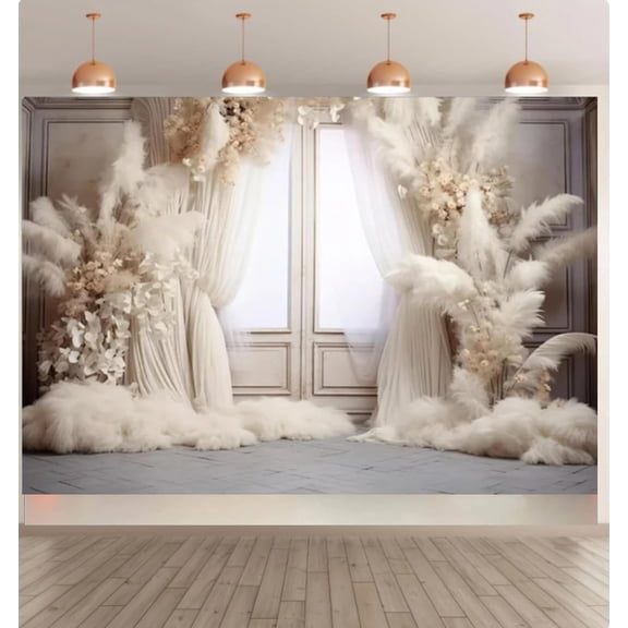 Bohemian Pampas Grass Wedding Backdrop White Curtain Flower Bridal Shower Photography Background Floral Arches Window Engagement Birthday Party Decorations Banner Supplies Photo Booth Props