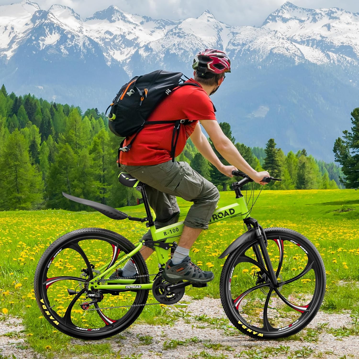 Marknig 26 inch Folding Mountain Bike, 21 Speed Full Suspension High-Carbon Steel Foldable Bicycle with Dual Disc Brake for Adults, Green