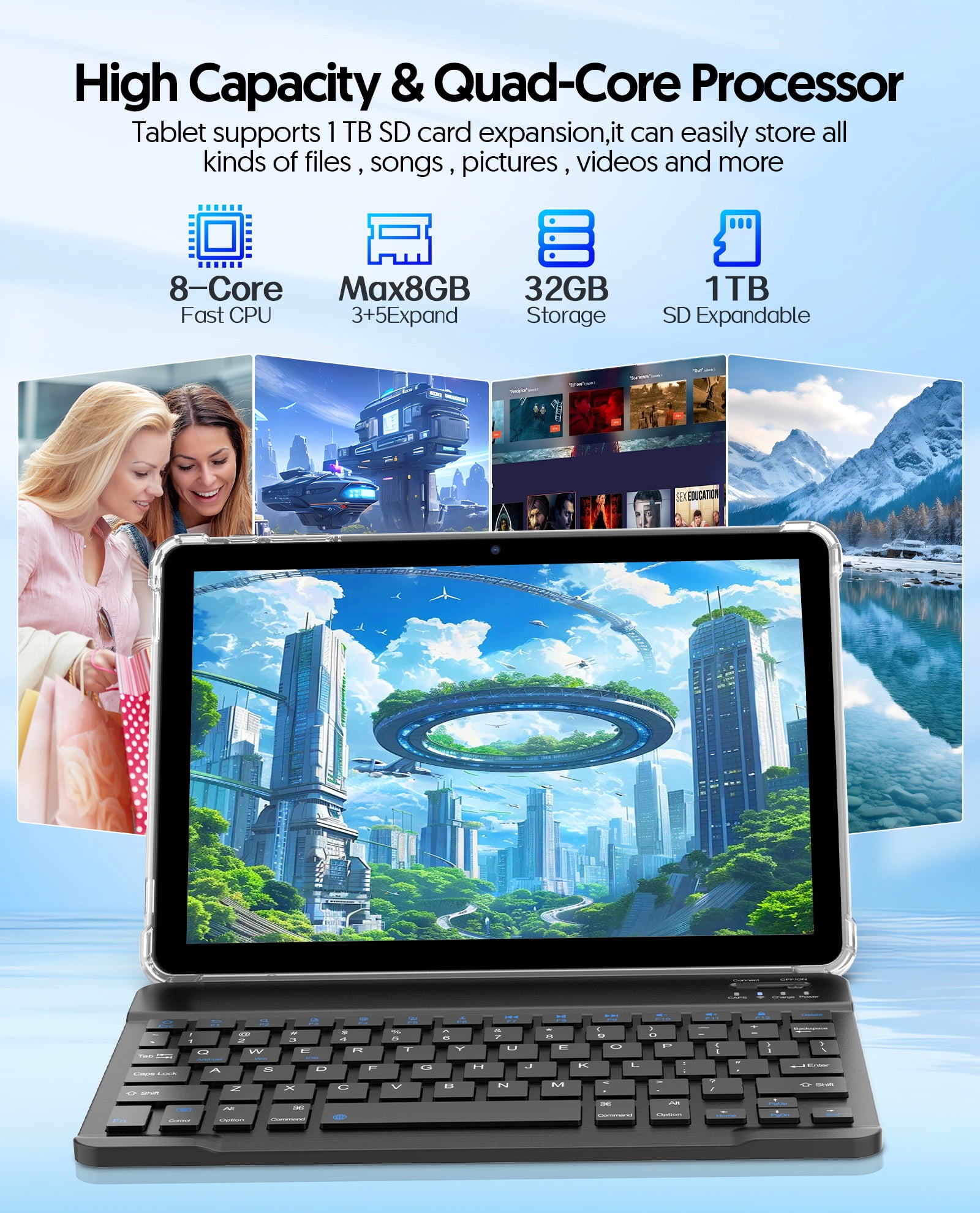 FITIFUN Android 14 Tablet 10.1 inch Tablet, 8GB RAM+32GB ROM+1TB Expandable,Octa-Core,5G Wi-Fi 6, 2+8MP Dual Camera,6000mAh Battery,1280x800 FHD IPS, Bluetooth,2 in 1 Tablets with Keyboard,Mouse,Case