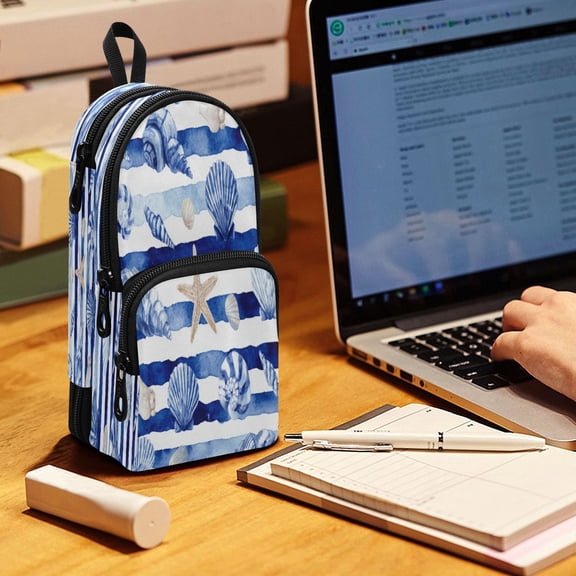 Backpack Pencil Case, 3 Compartment Large Capacity Oxford Fabric Pencil Pouch / Ocean Stripes Shells Artwork