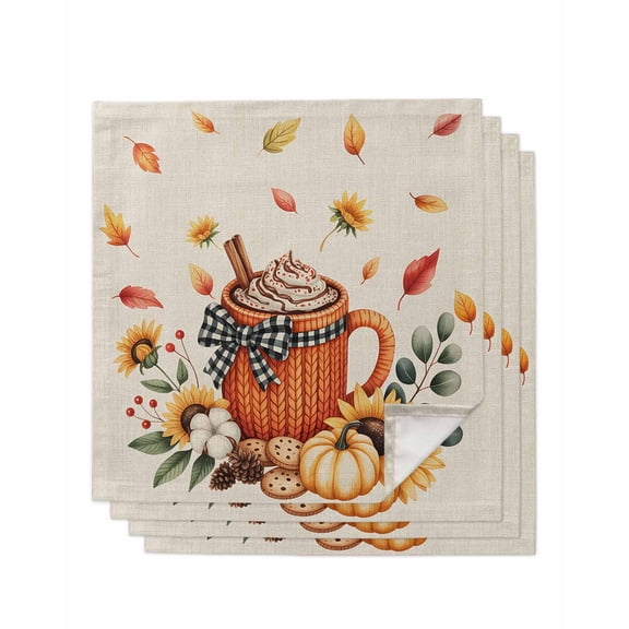 Fall Pumpkin Cloth Napkins Set of 4 Reusable Dinner Napkins, Retro Brown Coffee Autumn Eucalyptus Sunflower Cocktail Napkin Washable Table Napkins for Wedding/Holiday Party/Baby Shower 20"x20"