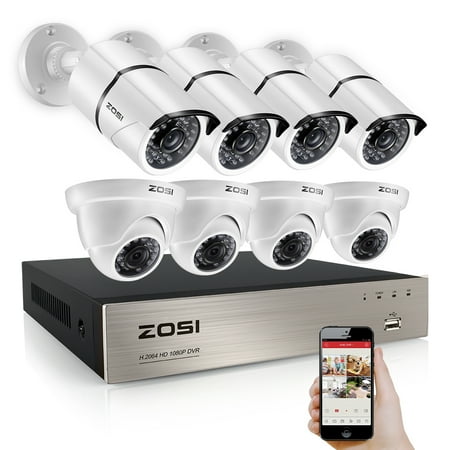 ZOSI 1080p HD 8 Channel DVR Video Security System with 4 Bullet and 4 Dome Weatherproof 2.0MP Cameras 100ft IR Night (Best 8 Channel Dvr)