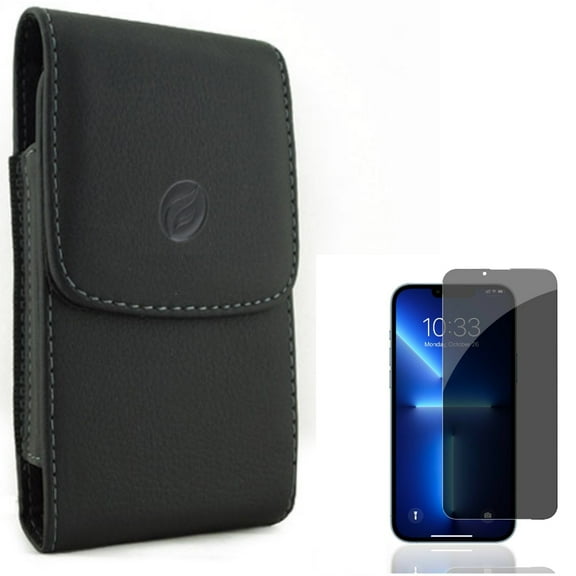 Case Belt Clip & Privacy Screen Protector for iPhone 13 Pro ONLY - Leather Holster Cover Pouch Vertical   Tempered Glass Curved Anti-Spy Anti-Peep 3D Edge Combo