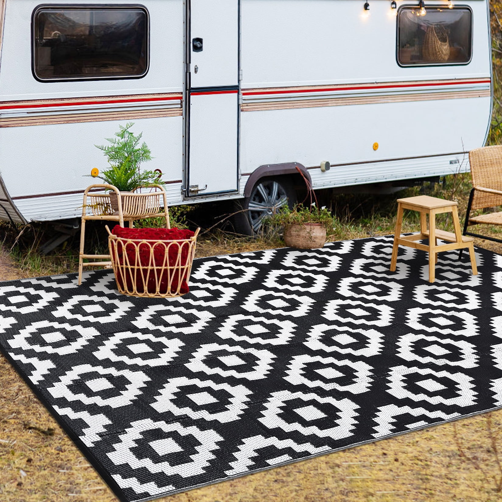 Hasoo Outdoor Rug Reversible Premium Recycled Plastic Geometric Pattern for Large Patio Deck Sunroom RV Camping Black & White 9 x 18 ft
