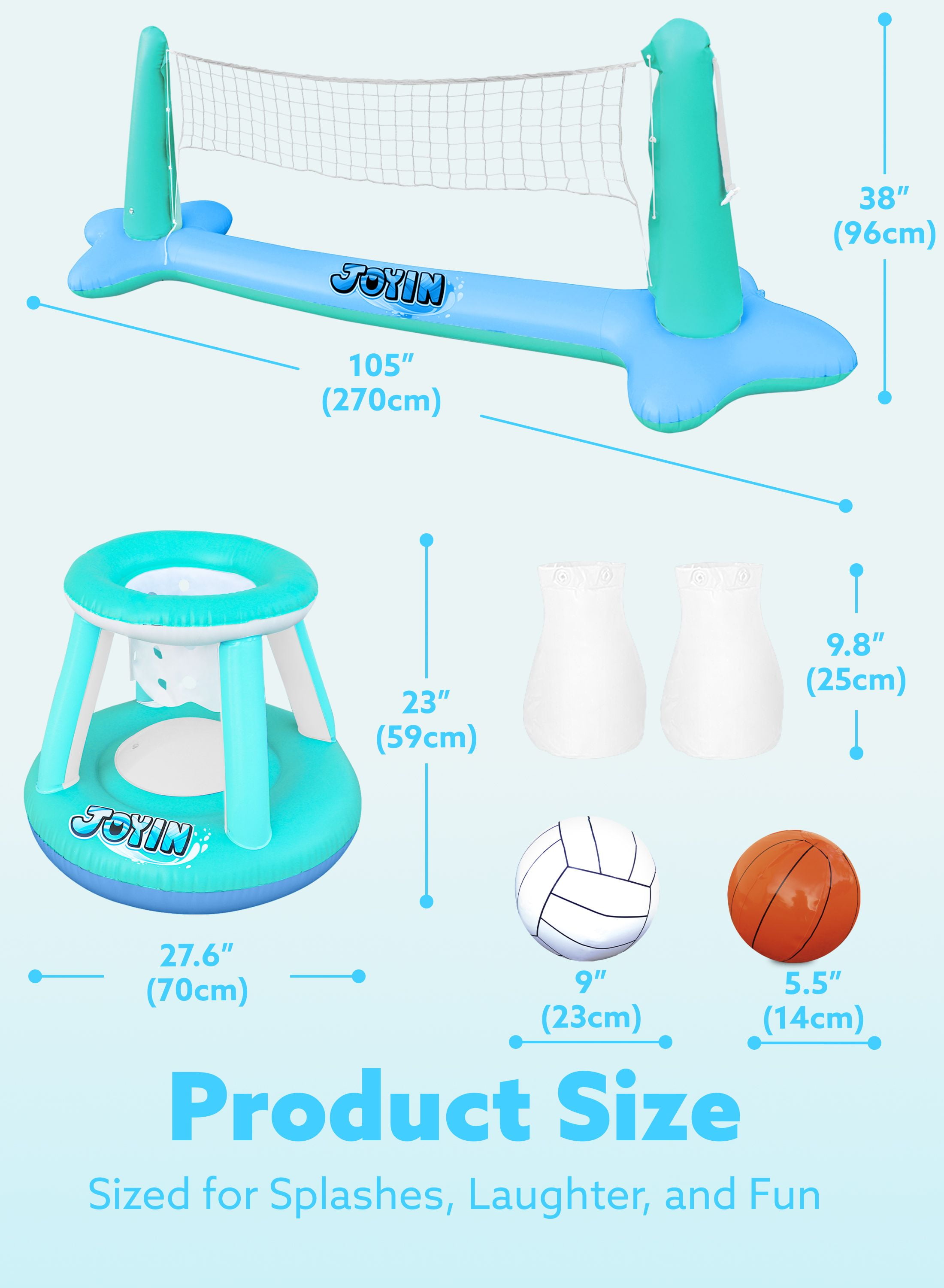 Joyfy Inflatable Pool Float Set Pool Volleyball Net & Basketball Hoops, Summer Pool Toys for Kids and Pool Game Adults, Volleyball Court (105”x28”x35”)|Basketball (27”x23”x27”),L-Blue