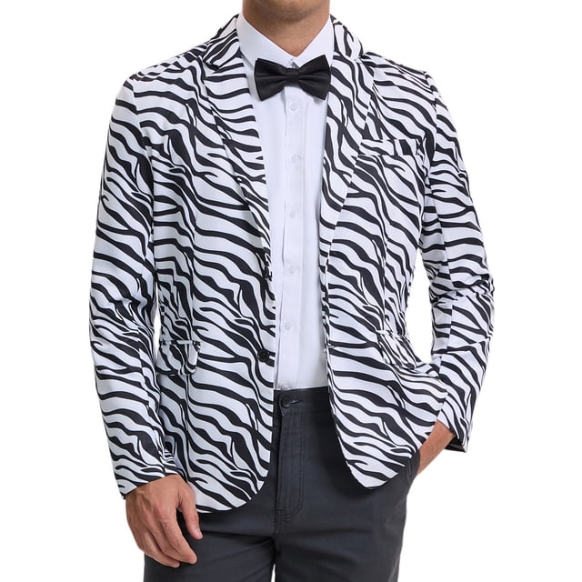 BLAZER DE FIESTA PARA HOMBRES INSPIRADO CHIC, CON ESTAMPADO ANIMAL, CON SOLAPA DE MUESTRA, CHAQUETA LIGERA TAMAÑO 2XL EN BLANCO Y NEGRO