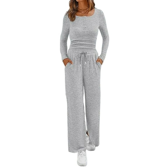 Women'S 2 Piece Matching Lounge Sets Fall Fashion Outfits Henley Neck Sweater Top Wide Leg Pants Sweat Suits Grey L