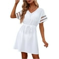 thumbnail image 2 of Summer Plus Size Dresses for Womens 2025 Fashion V-Neck Lace Short Sleeved Solid Pullover Dress, 2 of 8