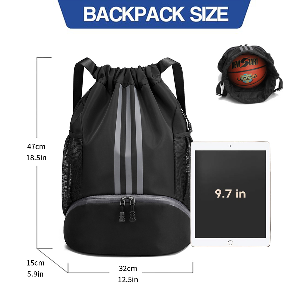 Bolso de gimnasio impermeable con cordón, gran capacidad, con compartimento inferior y cordón ancho, mochila para fútbol para mujeres, hombres y jóvenes (negro) 2