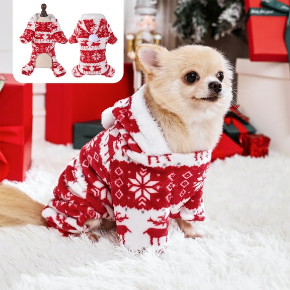 DAMAI Fuzzy Dog Sweaters, Double-Sided Plush Fleece Soft Dog Hoodie, Dog Cold Weather Clothes Winter Coat, Dog Sherpa Hooded Sweatshirt for Small Medium Large Dogs (Red Christmas)
