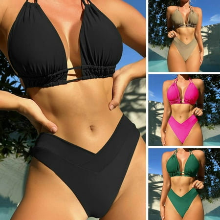 Guiexla 2Pcs/Set Solid Color Deep V-Neck Backless Padded Wire Free Summer Swimwear Lace-up Halter Bra High Waist Panties Swimsuit Beachwear