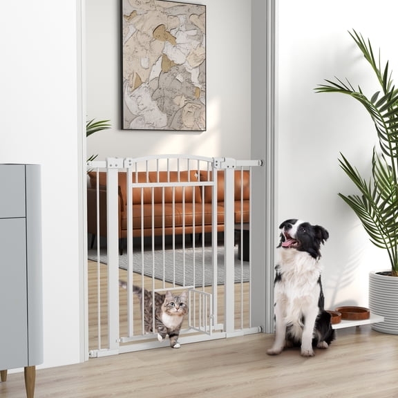 PawHut Dog Gate, 30"-41" Extra Wide Walk Through Pet Gate w/ Cat Door, 3-Inch & 5.5-Inch Extension Kits, Pressure Mounted, 30" High