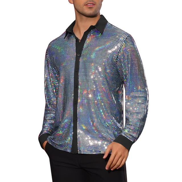 CAMISA DE LENTEJUELAS CHIC INSPIRADA PARA HOMBRES, CAMISA DE BOTONES DE MANGA LARGA, CAMISAS METÁLICAS BRILLANTES