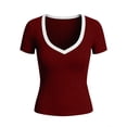 thumbnail image 4 of ZUKMRJPC Women Short Sleeve Tops V Neck Color Block Knit Slim Fitted Basic Tee Shirt Summer Casual Clothes Tight Going Out Outfits, 4 of 5