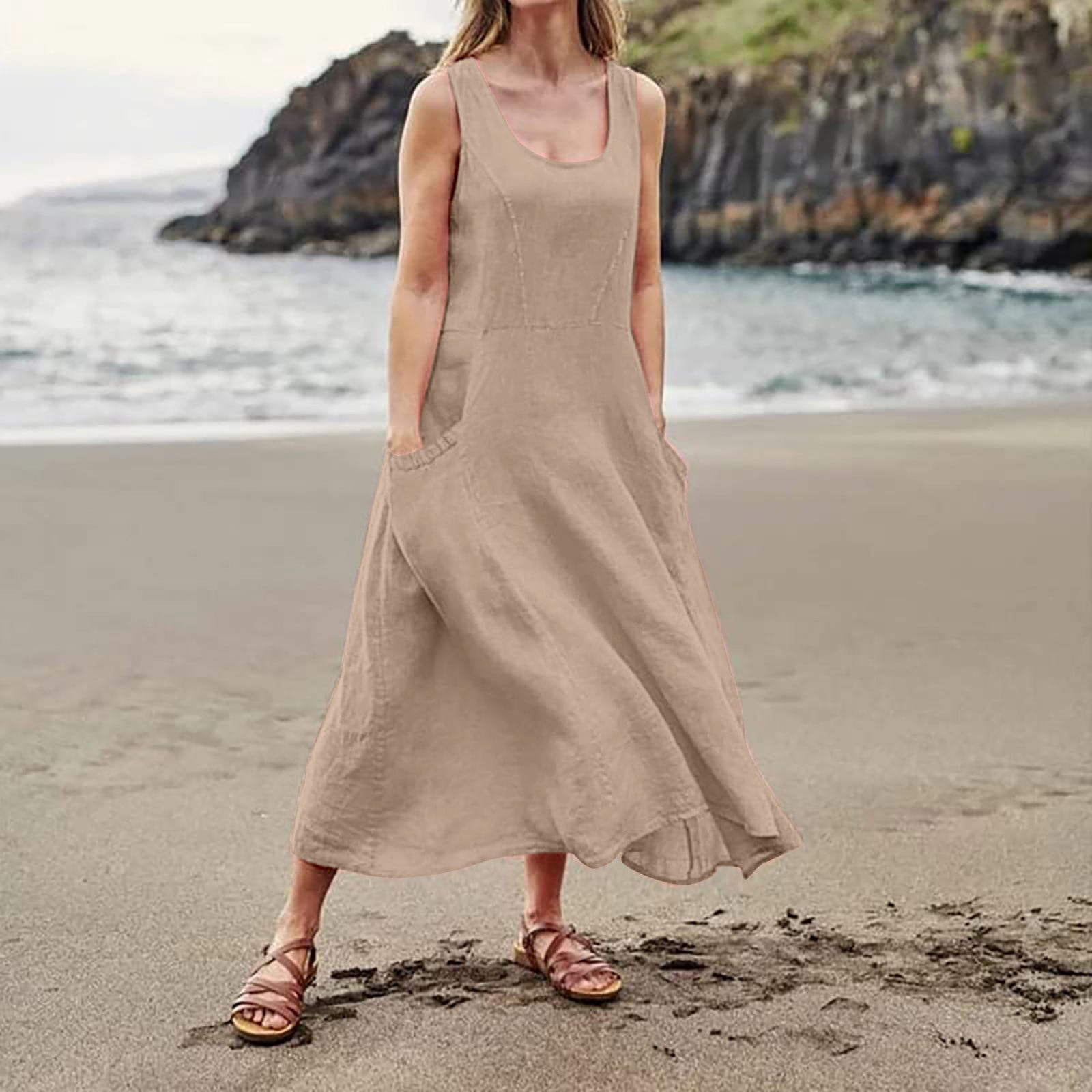 Lindbes Women's Fashion Casual Solid Colour Sleeveless Cotton Linen Pocket Dress  Korean Fashion Clothing Elegant Sleeveless vestido - Walmart.ca