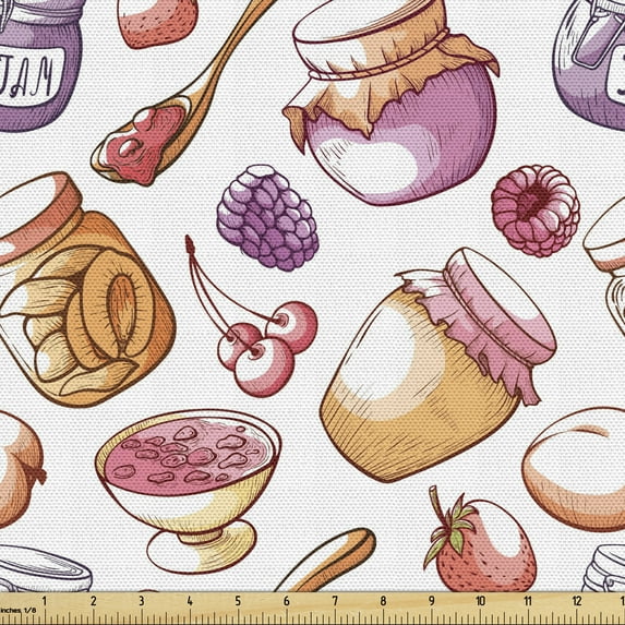 Fruits Upholstery Fabric by the Yard, Jam Flavors Marmalade Jars Raspberry Cherry Breakfast Homemade Organic, Decorative Fabric for DIY and Home Accents, Peach Mauve and Coral by Ambesonne