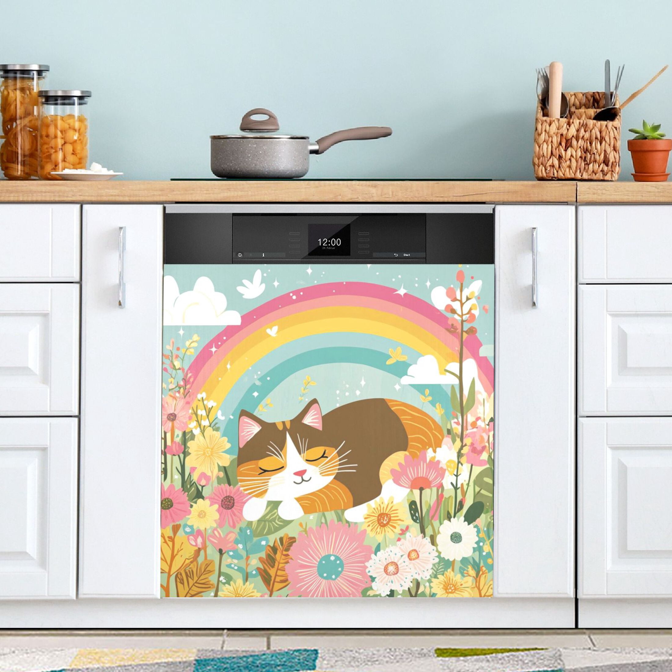 Dishwasher Magnetic Sticker 23x26 Inch Refrigerator Magnetic Sticker Washing Machine Magnetic Sticker Kitchen Panel Magnetic Sticker Home Decor Sleeping Rainbow Cat