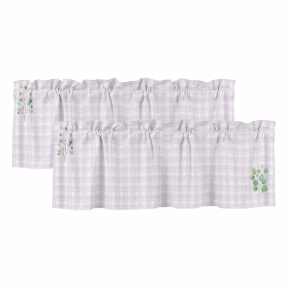 2 Pack Valances for Window, Eucalyptus Leaves Short Curtains for Kitchen Bedroom Living Room, Pink Plaid Summer Botanical Rod Pocket Small Window Treatment Valance Drapes 42 x 12 Inch