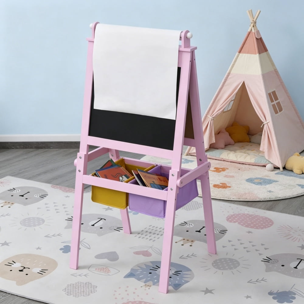 Pink 3-in-1 Kids Easel (Whiteboard + Blackboard + Paper Roll) - MDF A-Shape, with Storage Baskets & Drawing Paper, for 3+ Years Old