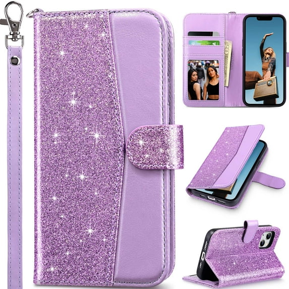 ULAK Wallet Case for iPhone 13 for Women Girls, Kickstand Phone Case with Card Holder for Apple iPhone 13 6.1 inch 2021, Bling Purple