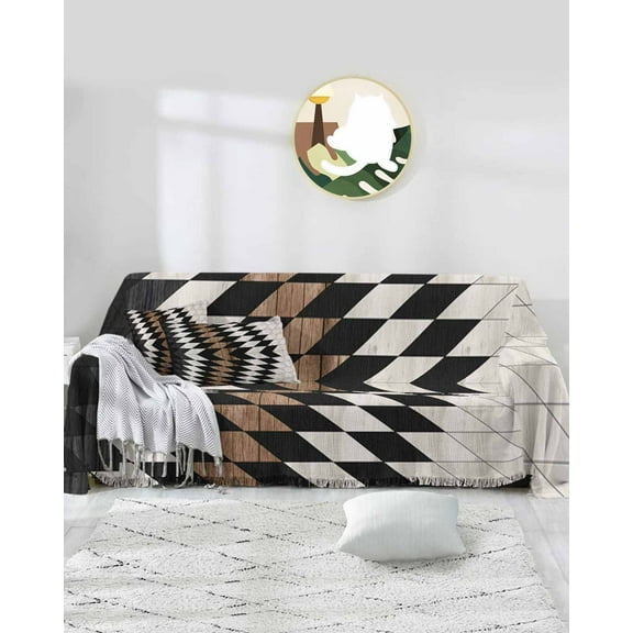 Brown Western Sofa Covers for 3 Cushion Couch,Washable Sectional & L Shape Couch Covers for Dog/Cat/Kids,Black Aztec American Boho Tribe Wood Non Slip Sofa Slipcover Tassel Futon Cover 71''x150''