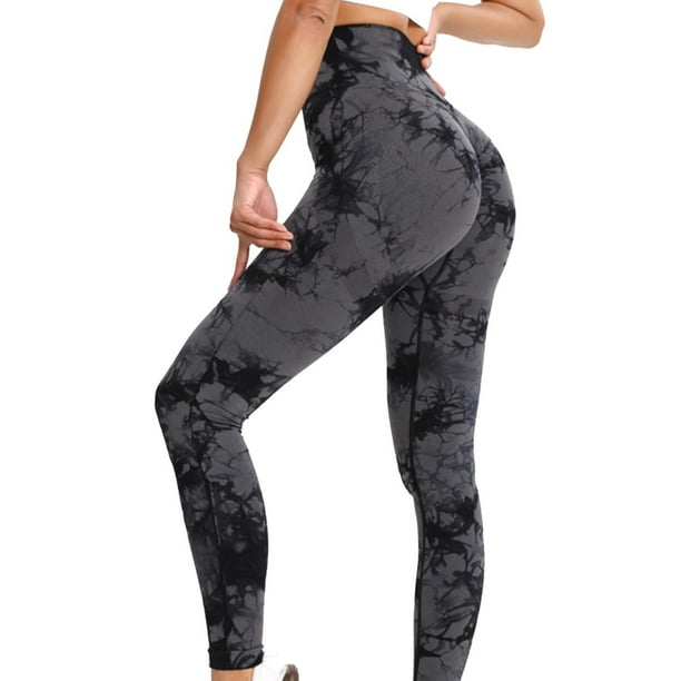 Gibobby Pantalones de yoga Pantalones de yoga de retracción abdominal de cintura alta sin costuras Tie Dye Pantalones de fitness deportivos ajustados al libre para mujer(Negro, L)