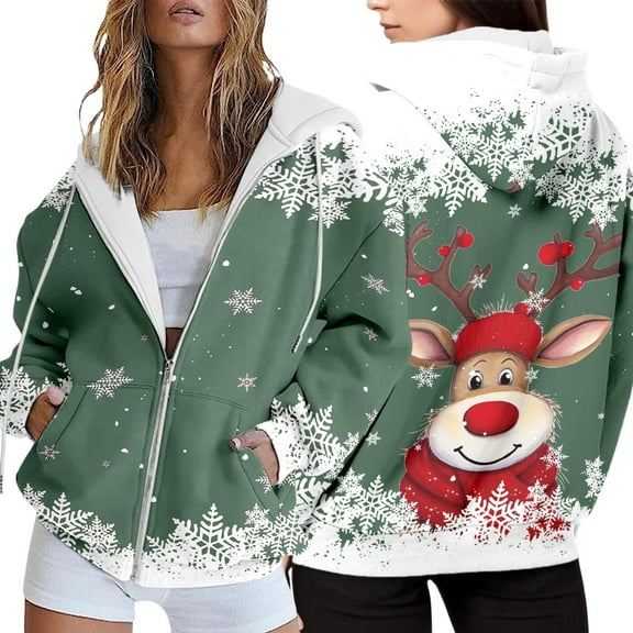 Wang6 Full Zip up Christmas Hoodies for Women Trendy Long Sleeve Back Reindeer Printed Hooded Sweatshirts Fall Xmas V Neck Loose Fit Tops Light Green L