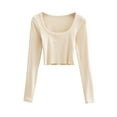 thumbnail image 3 of Women Long Sleeve Crop Top Deep Round Neck Solid Knit Slim Fit Tees Casual Spring Fall Streetwear, 3 of 4