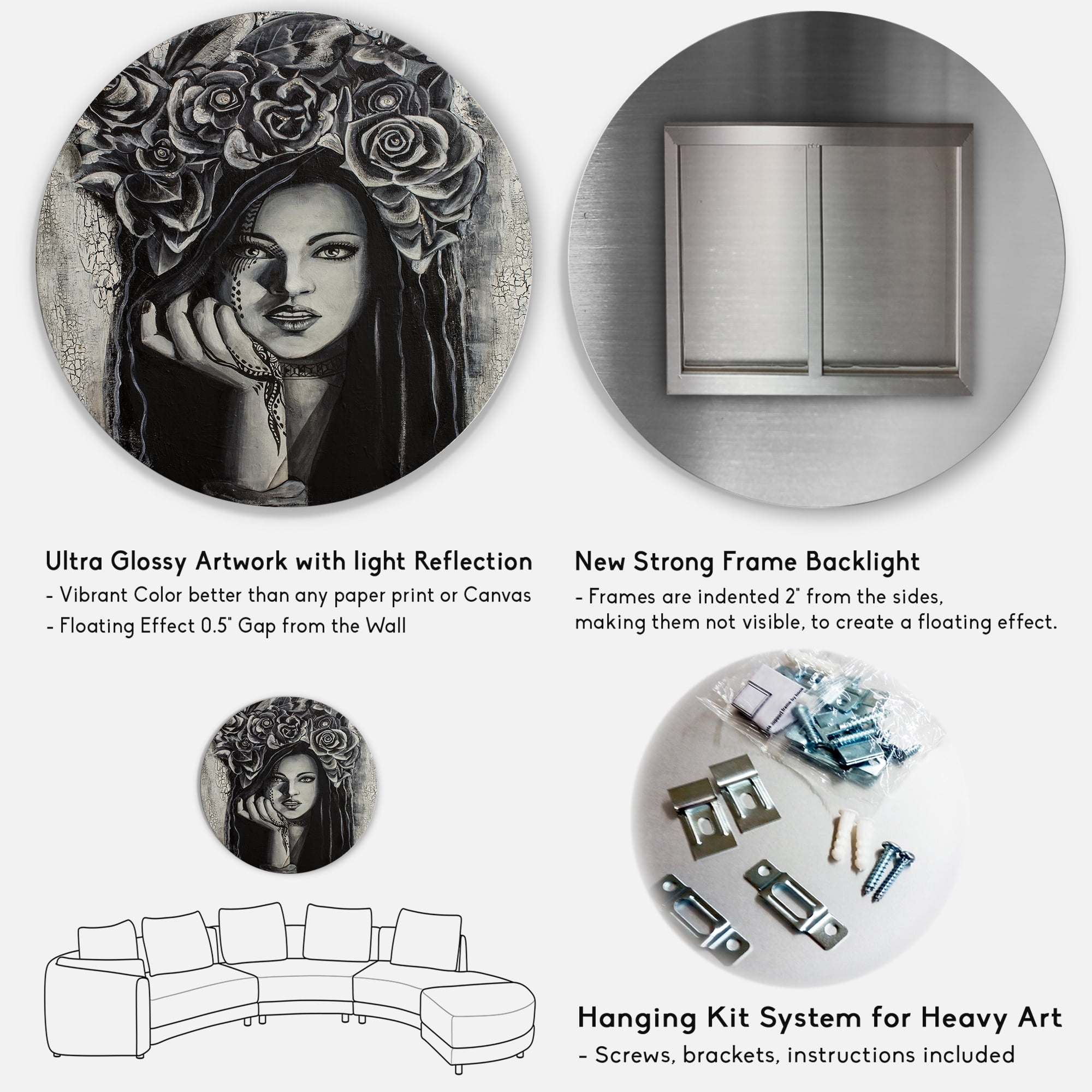 Designart 'Portrait Of A Young Woman With Flowers III' Modern Circle Metal Wall Art 23x23 - Disc of 23