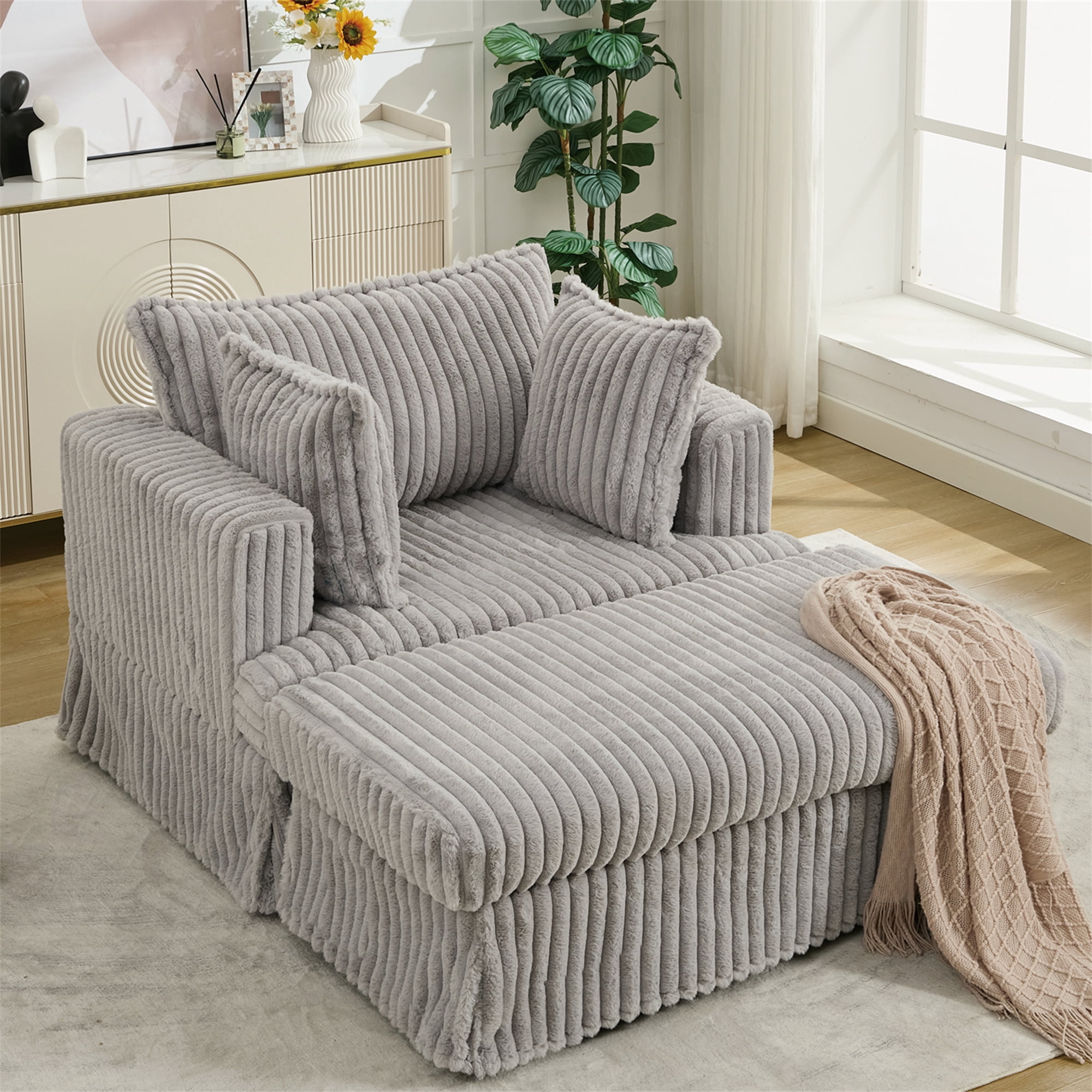 Aukfa 48" inch Chaise Lounge, Oversized Sofa Chair with Ottoman, 3 Pillows, Corduroy, Light Gray