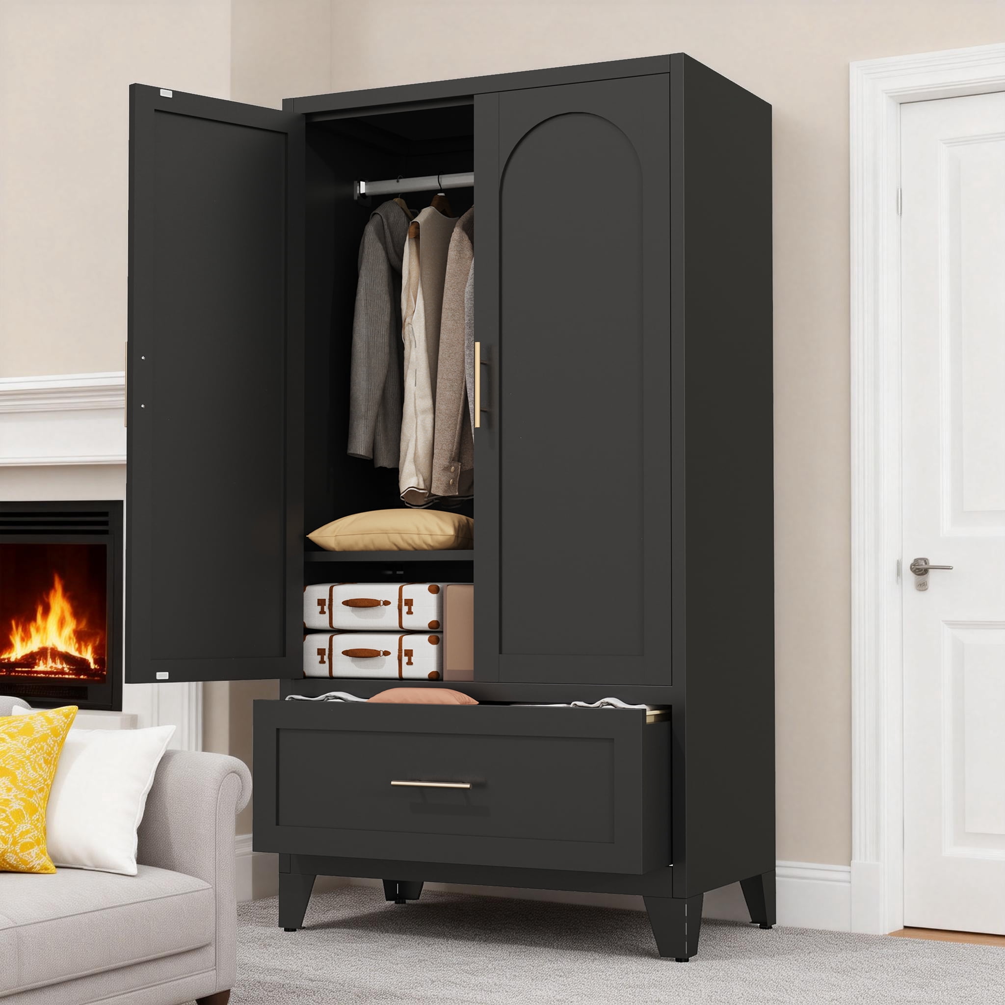 Miniyam 60" Tall Metal Wardrobe Cabinet with 1 Drawer & Hanging Rod, 2-Door Storage Closet for Bedroom Office Laundry Room (Black)
