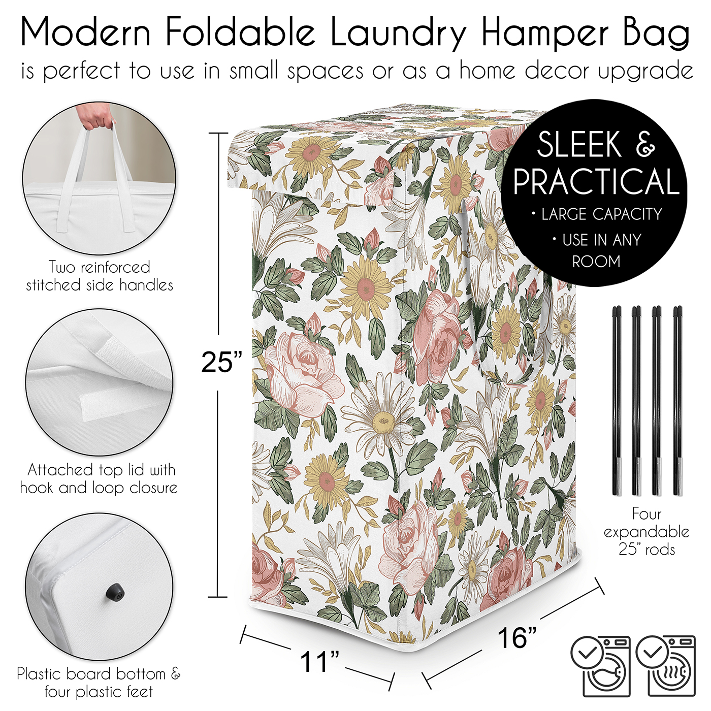Sweet Jojo Designs Vintage Floral Pink Green and Yellow Foldable Laundry Hamper with Handles