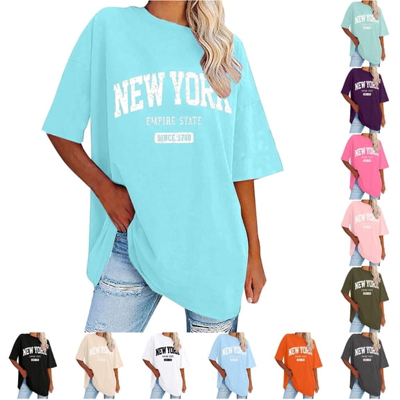 Trendfront Womens New York Graphic T Shirt Oversized Retro State Letter Print Crewneck Short Sleeve Summer Fashion Casual Slouchy Tops