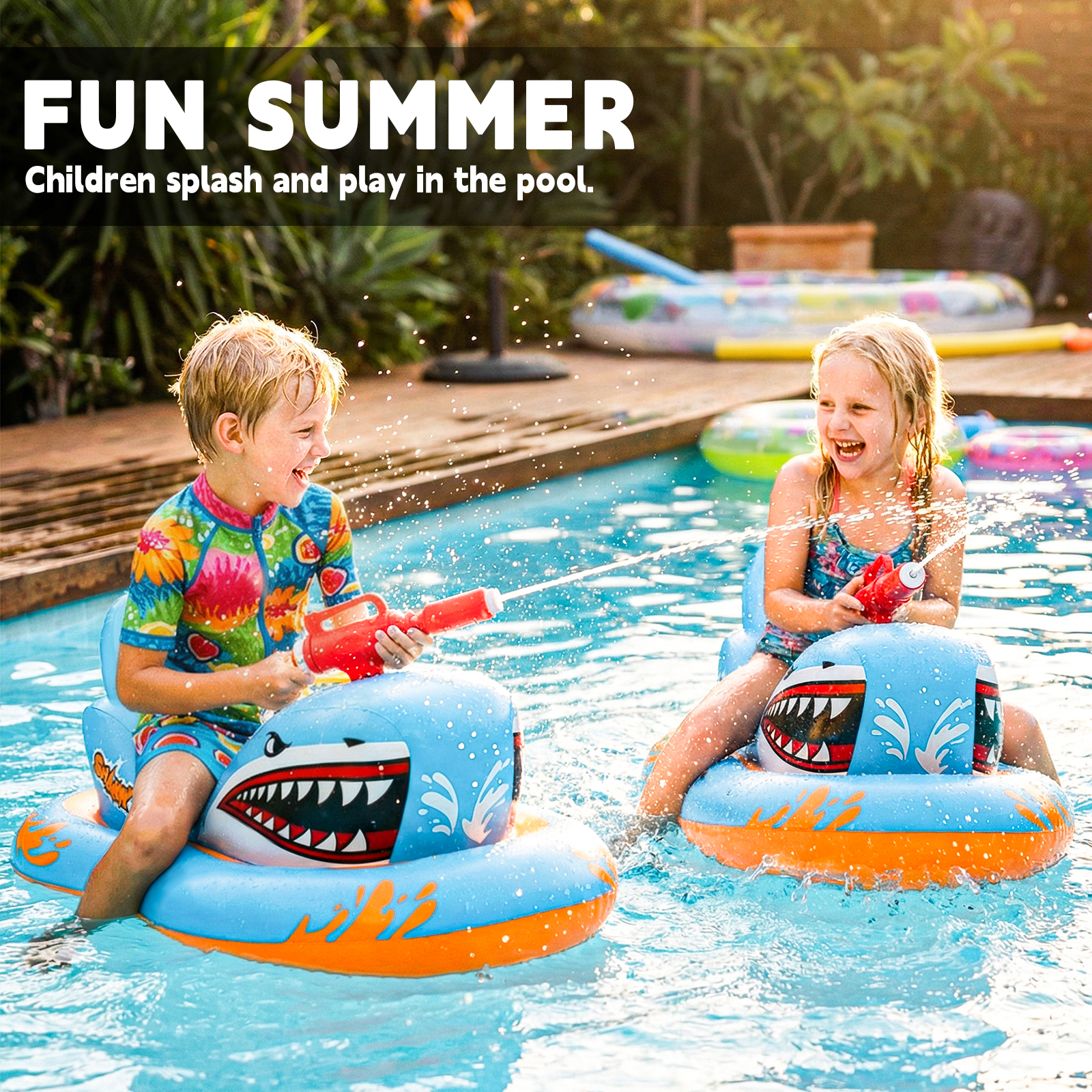 Pool Floats for Kids, Inflatables Shark Ride-on Water Toys with Watergun Swimming Game Boy Girl 3-12